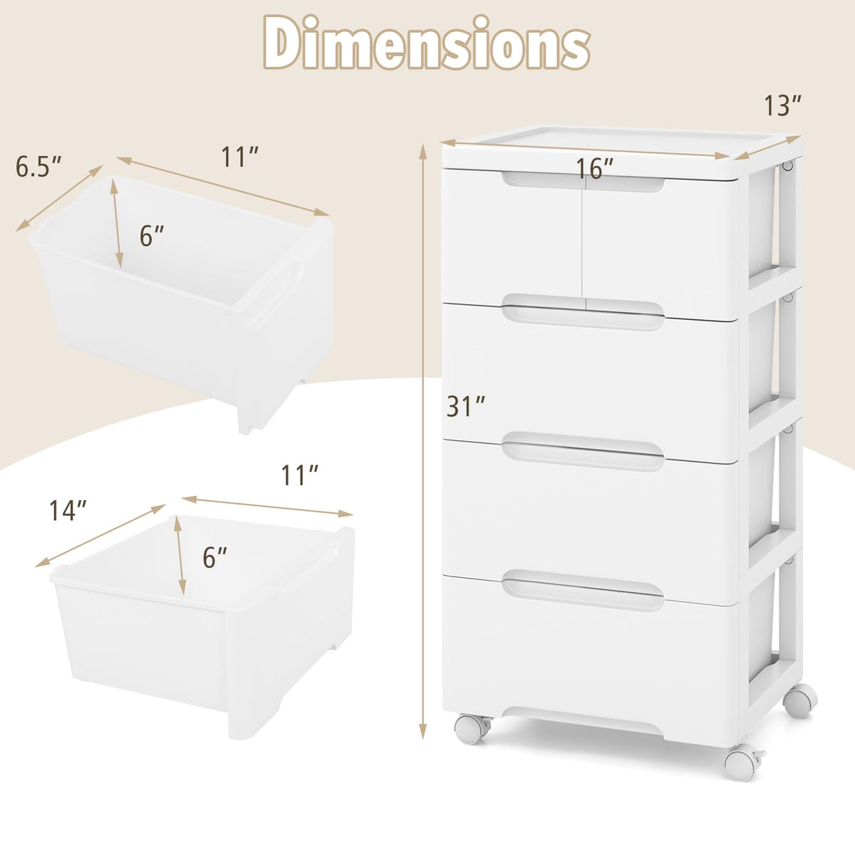 White 5 Drawer Rolling Plastic Storage Cart S663096