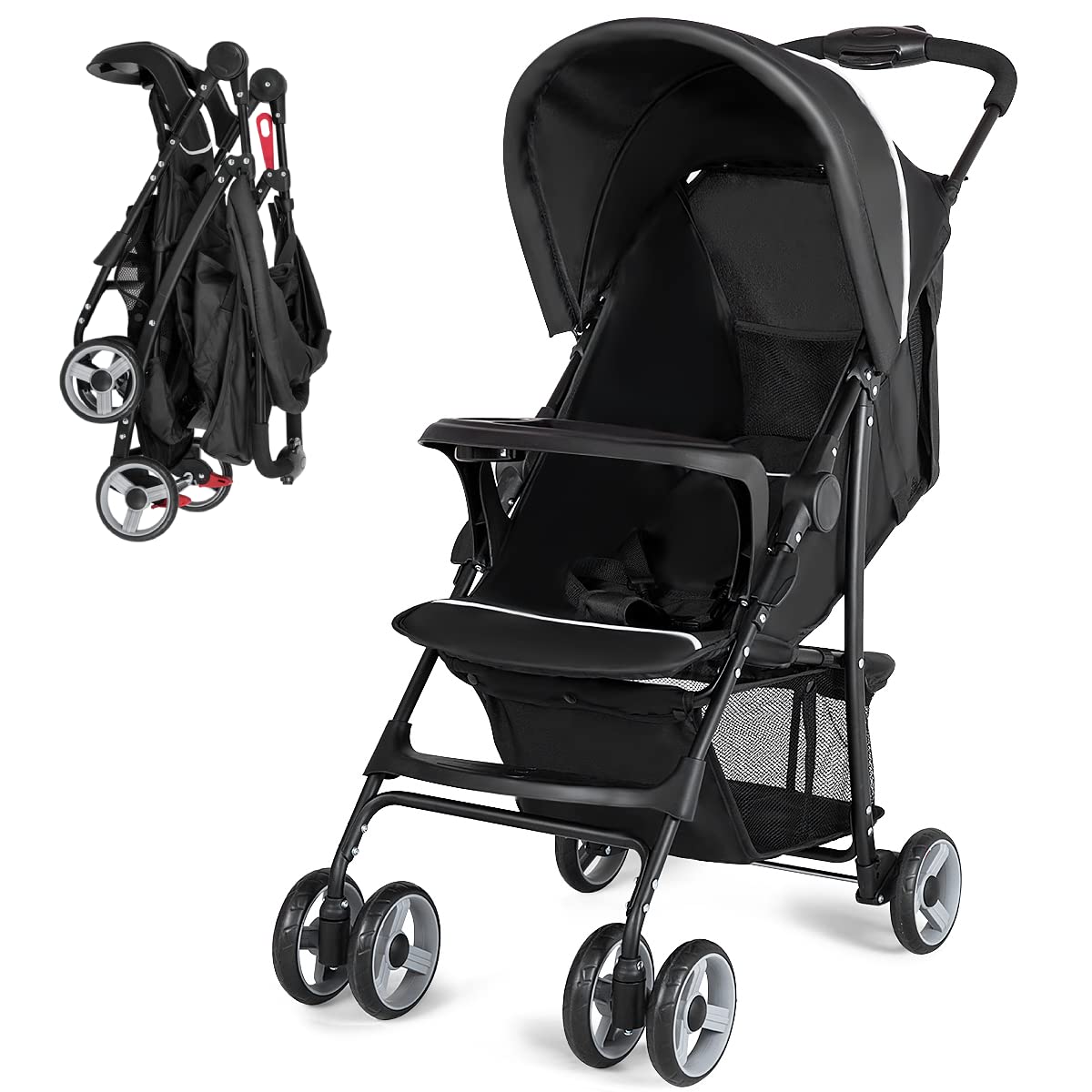 Lightweight Compact Toddler Travel Stroller with Canopy, 5-Point Harness, Storage Basket, One-Hand Fold, Black G913173