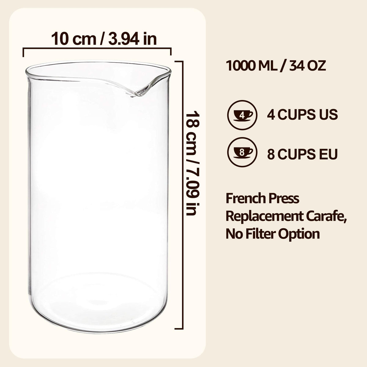 Glass French Press Replacement, 34 Ounce, Dishwasher Safe L587