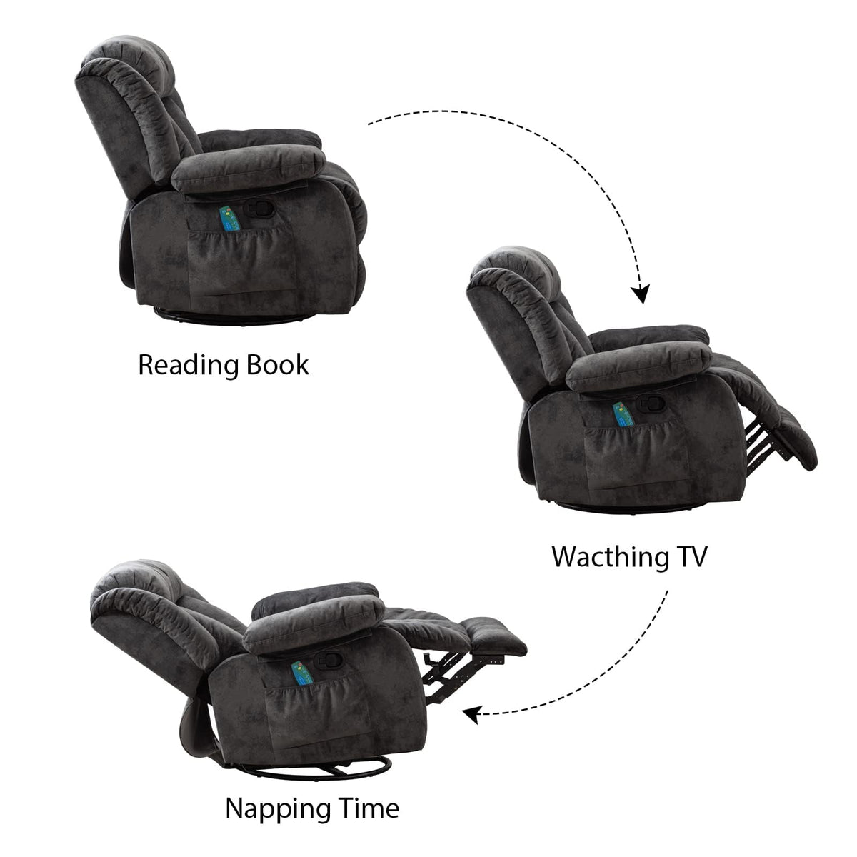Grey Manual Swivel Rocker Recliner with Heat and Vibration J67647