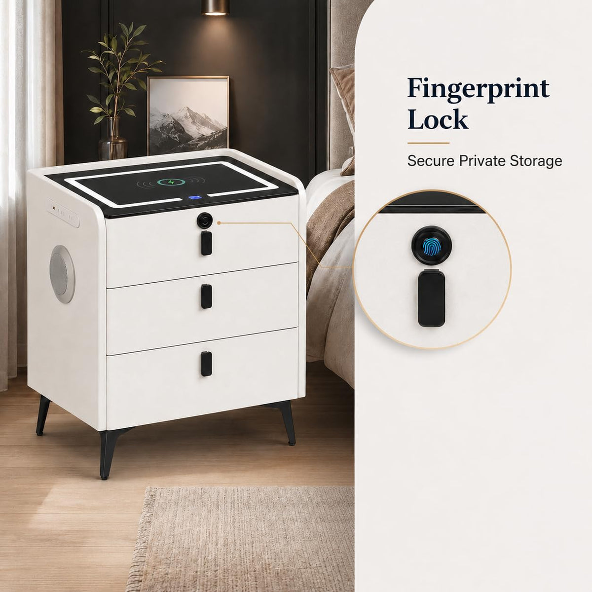 Wireless Charging Nightstand with Fingerprint Lock O335