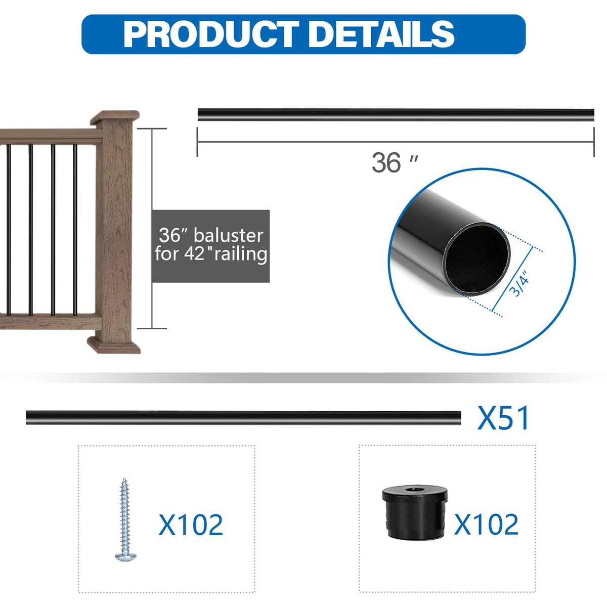 51 Pack 36" Black Aluminum Deck Balusters J986823