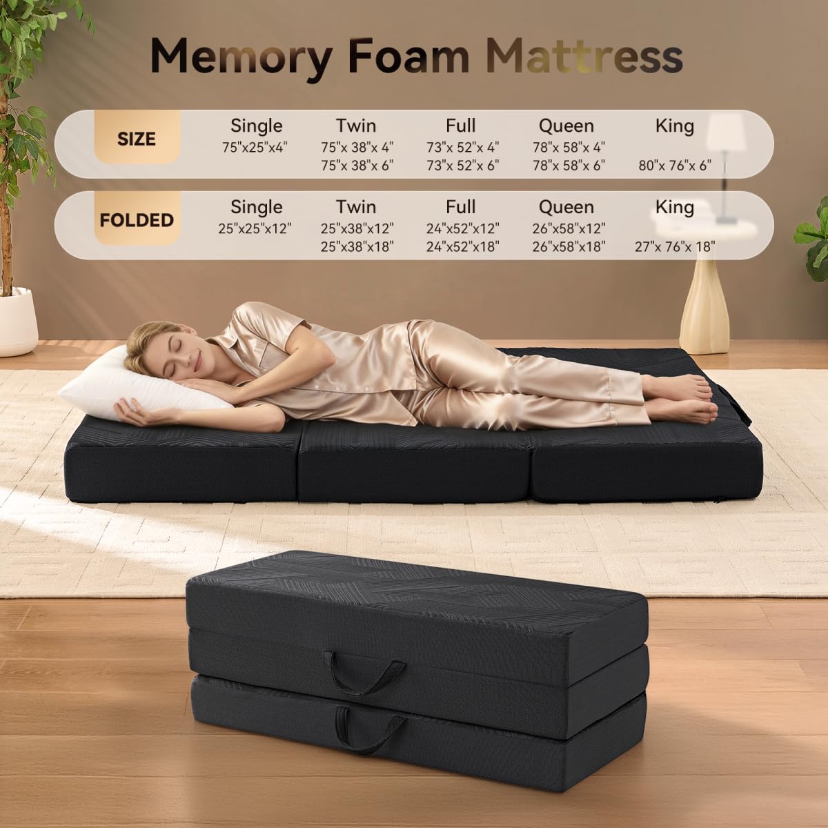 6 Inch Memory Foam Tri-Fold Twin Mattress with Washable Cover R68297