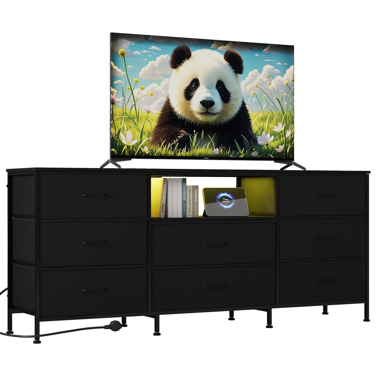 Black LED TV Stand Dresser with 8 Fabric Drawers U3317