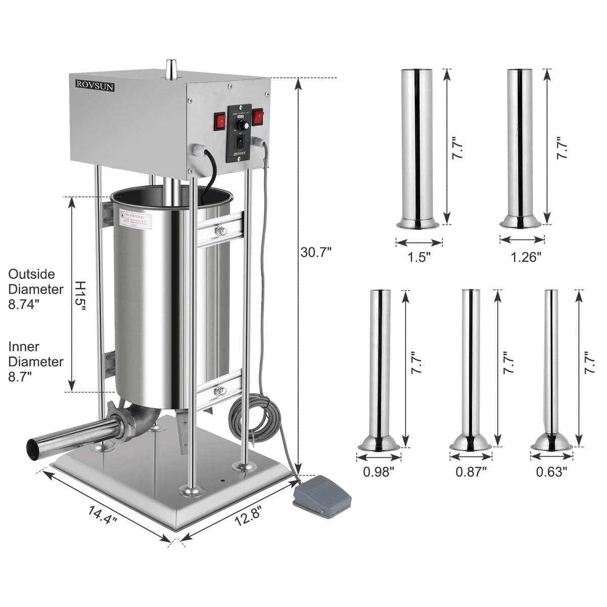 15L Electric Stainless Steel Sausage Stuffer with 5 Stuffing Tubes T847857