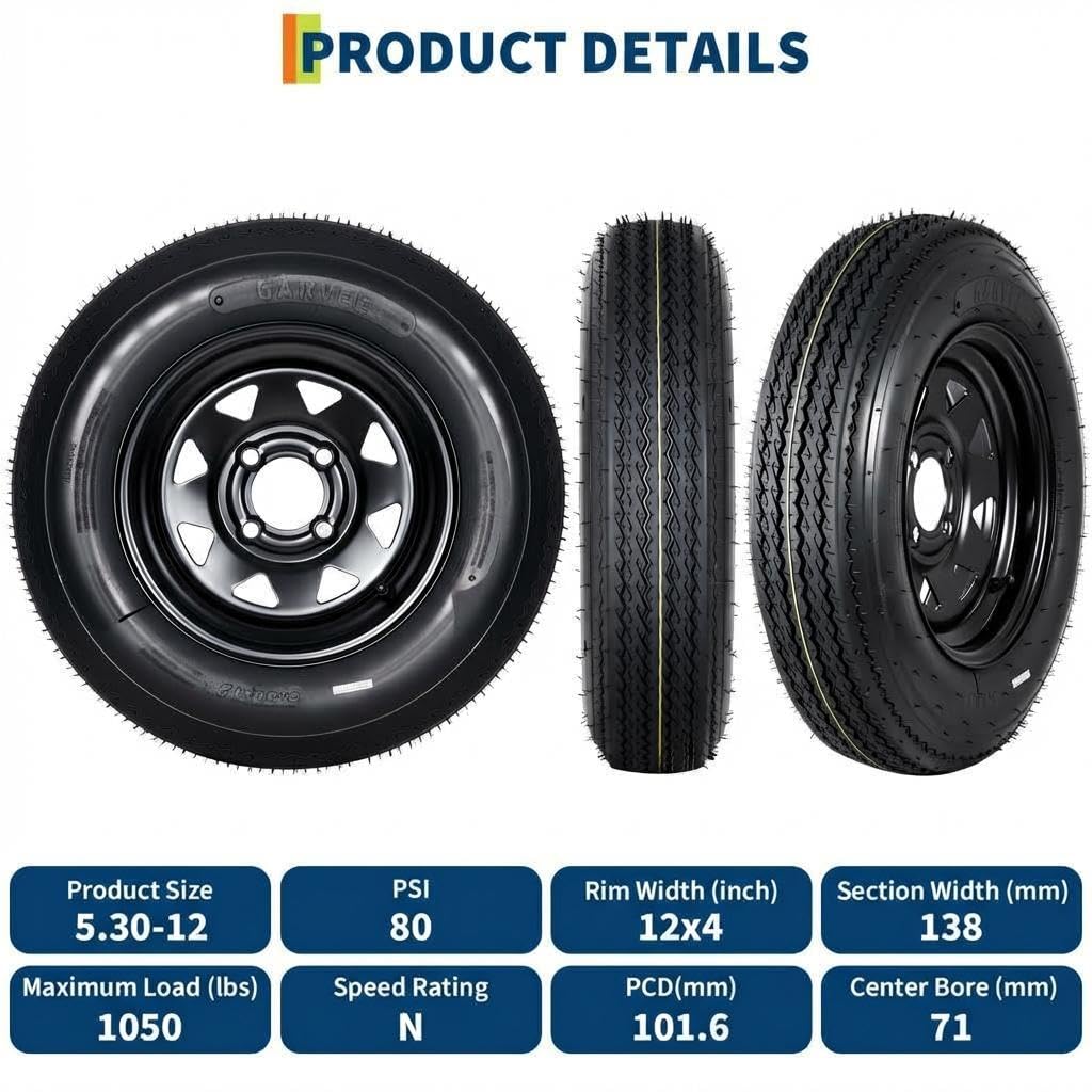 2-Pack 5.30-12 Trailer Tires with Rim, 6-Ply, 1050 LBS Load A50295
