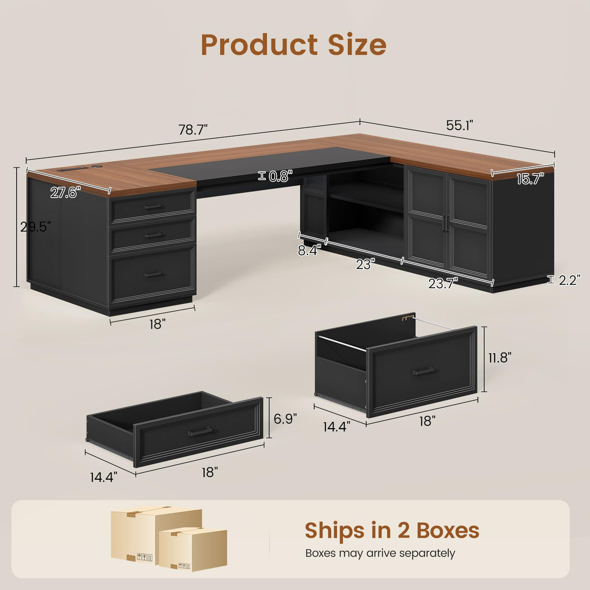 78.7" L Shaped Executive Desk with Charging Station, File Drawers & Storage Cabinet, Black + Brown J600