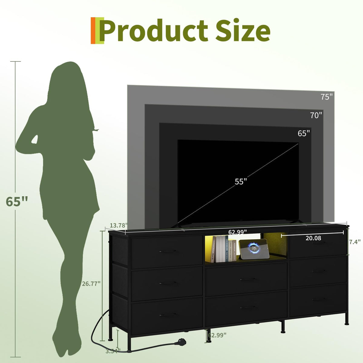 Black LED TV Stand Dresser with 8 Fabric Drawers U3317