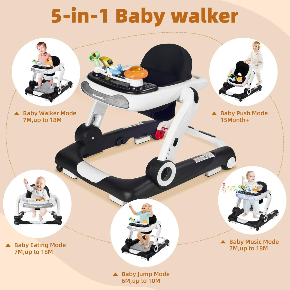 Foldable Adjustable Baby Walker with Wheels and Bouncer B117