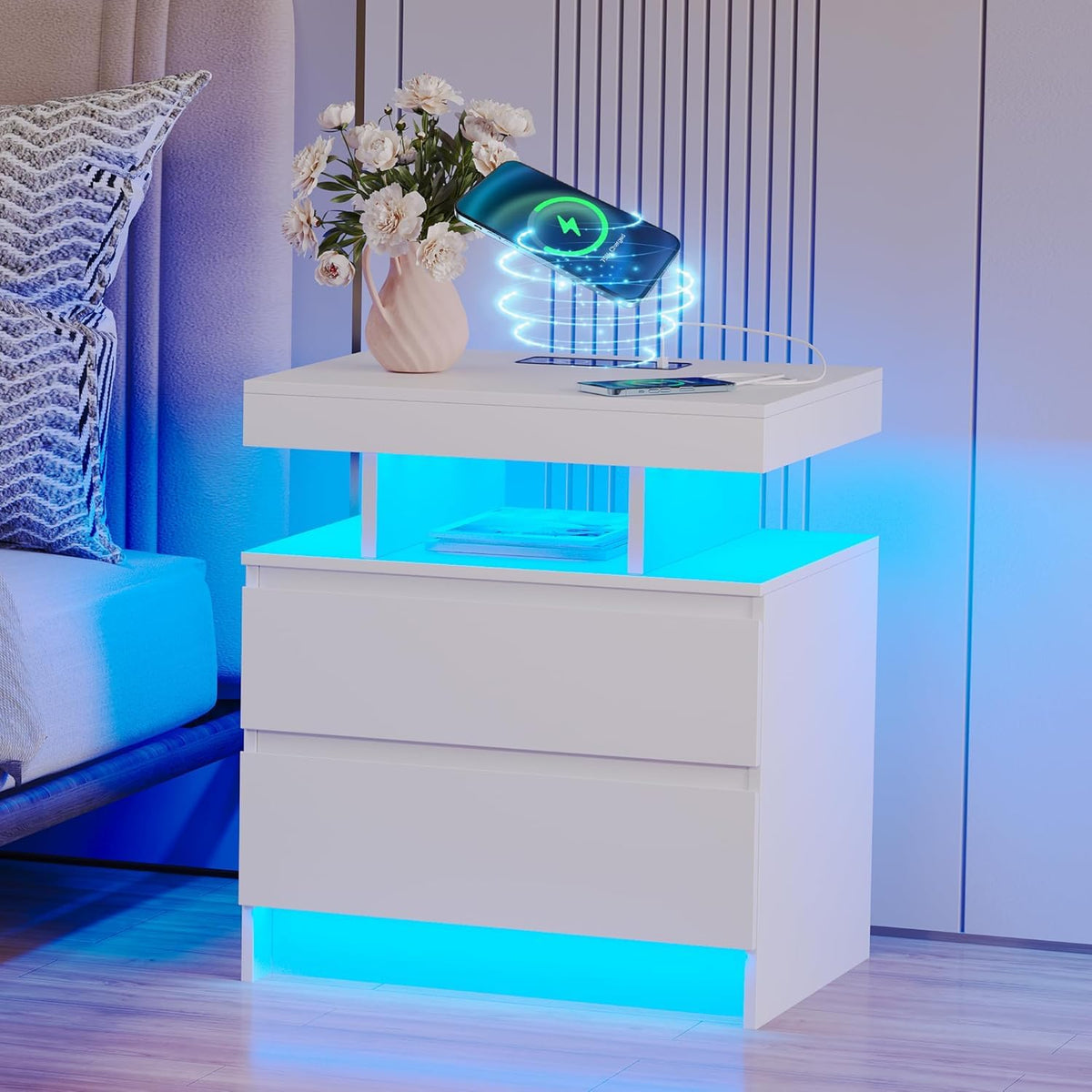 LED Nightstand with Charging Station White C4721