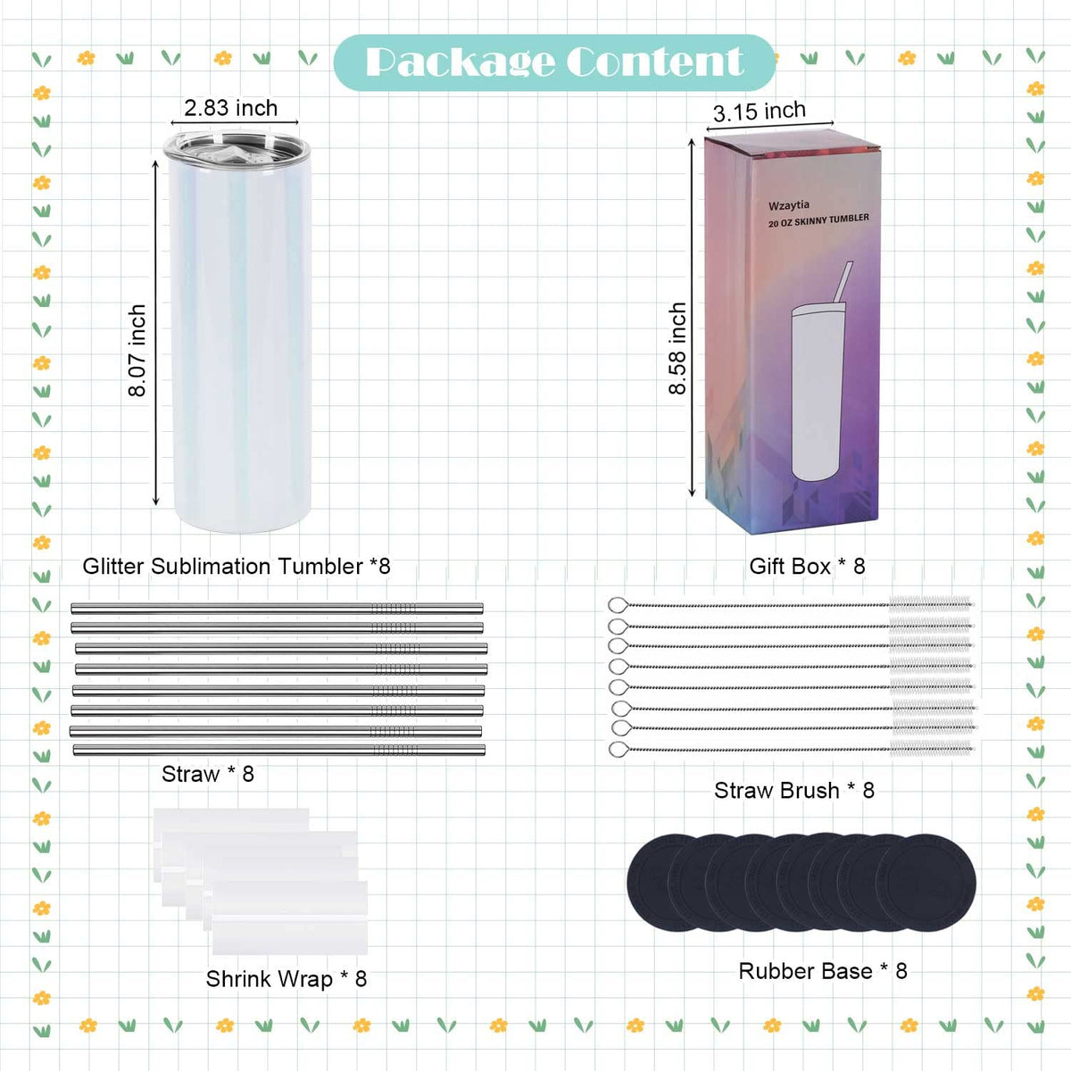 20 Oz 8 Pack Stainless Steel Glitter Sublimation Tumblers Y7965