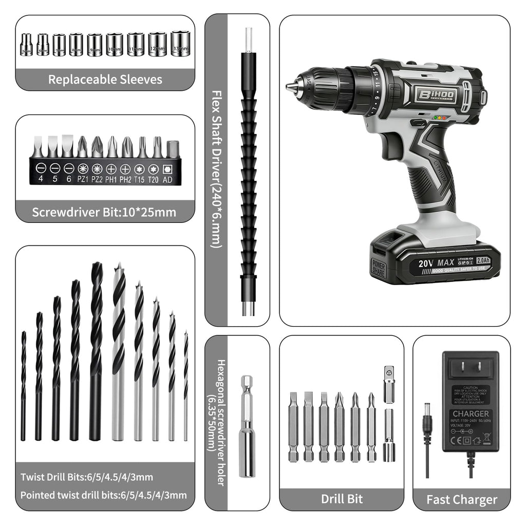 Cordless Drill with 25Nm max, Drill Bits Kit, Gray M118373