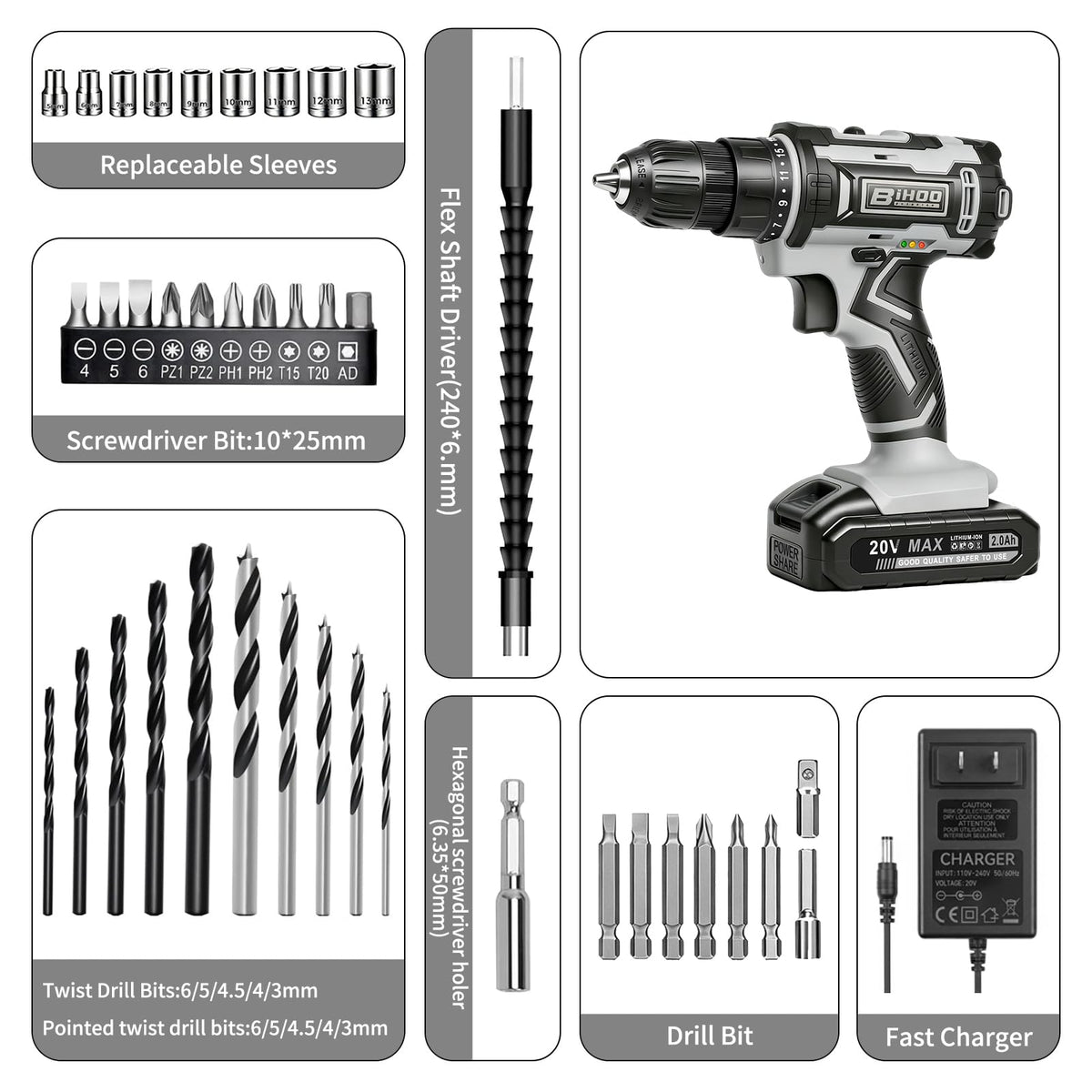Cordless Drill with 25Nm max, Drill Bits Kit, Gray M118373