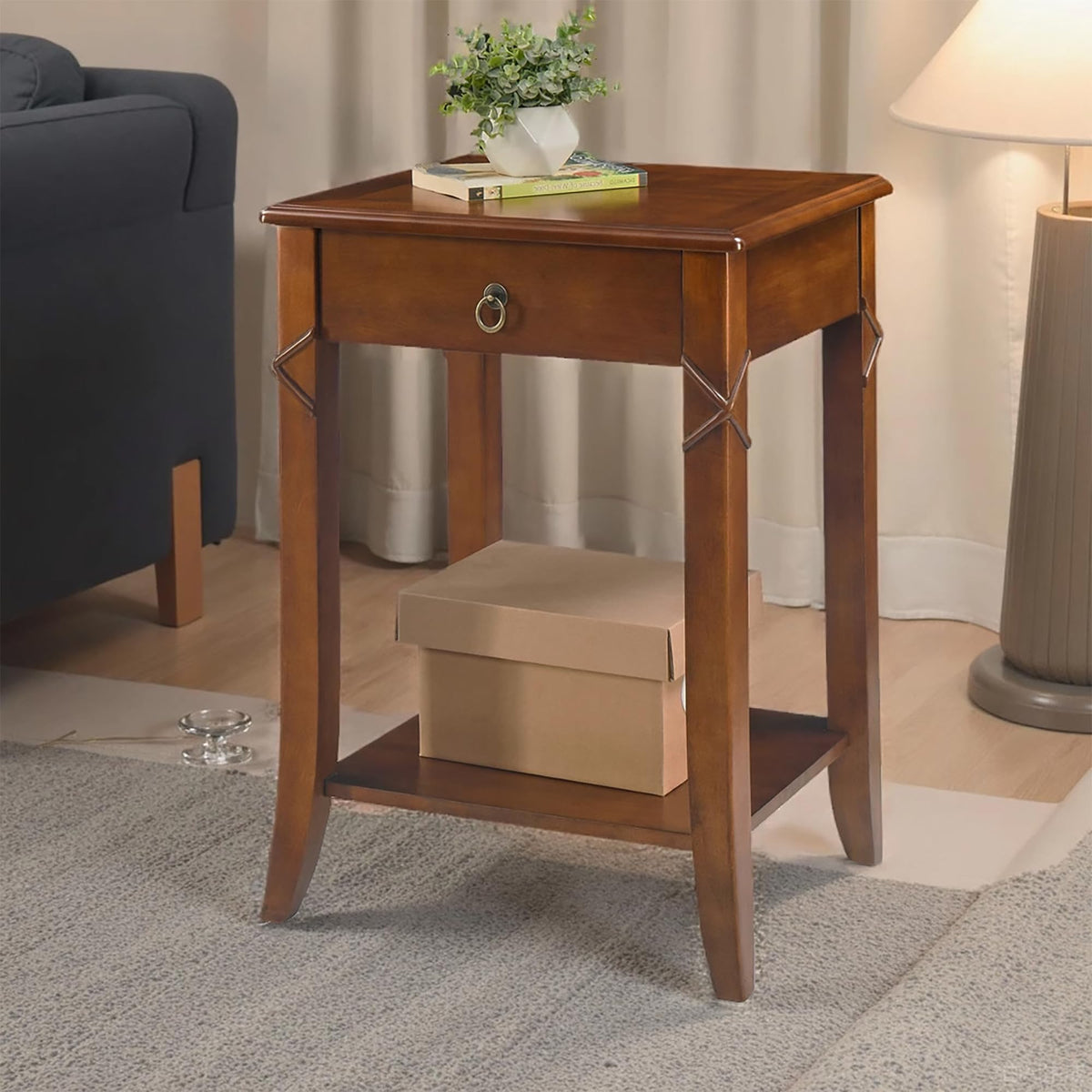 Small Solid Wood Side End Table with Drawer and Storage Shelf G8930