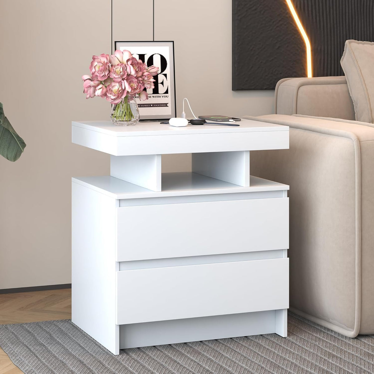 LED Nightstand with Charging Station White C4721