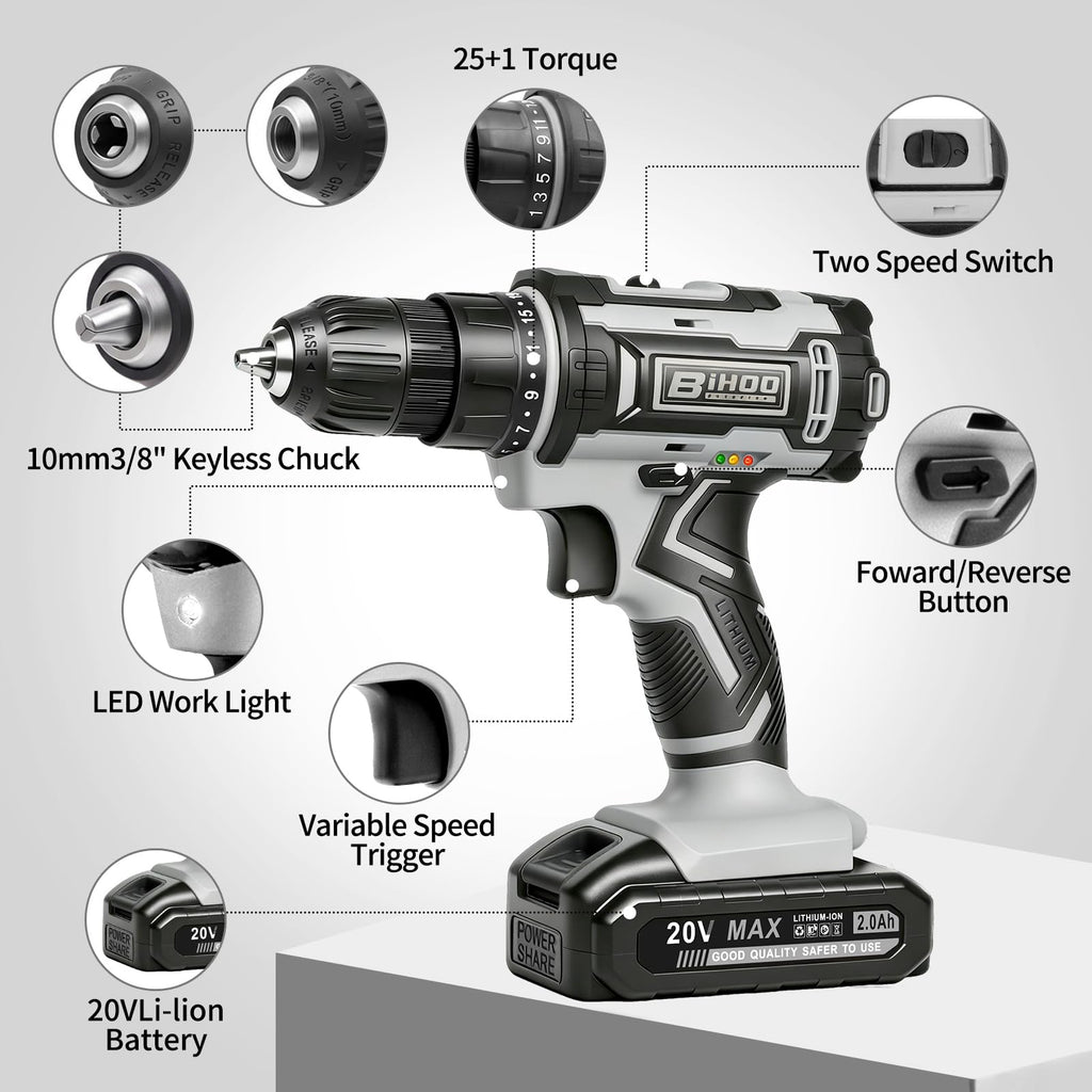 Cordless Drill with 25Nm max, Drill Bits Kit, Gray M118373