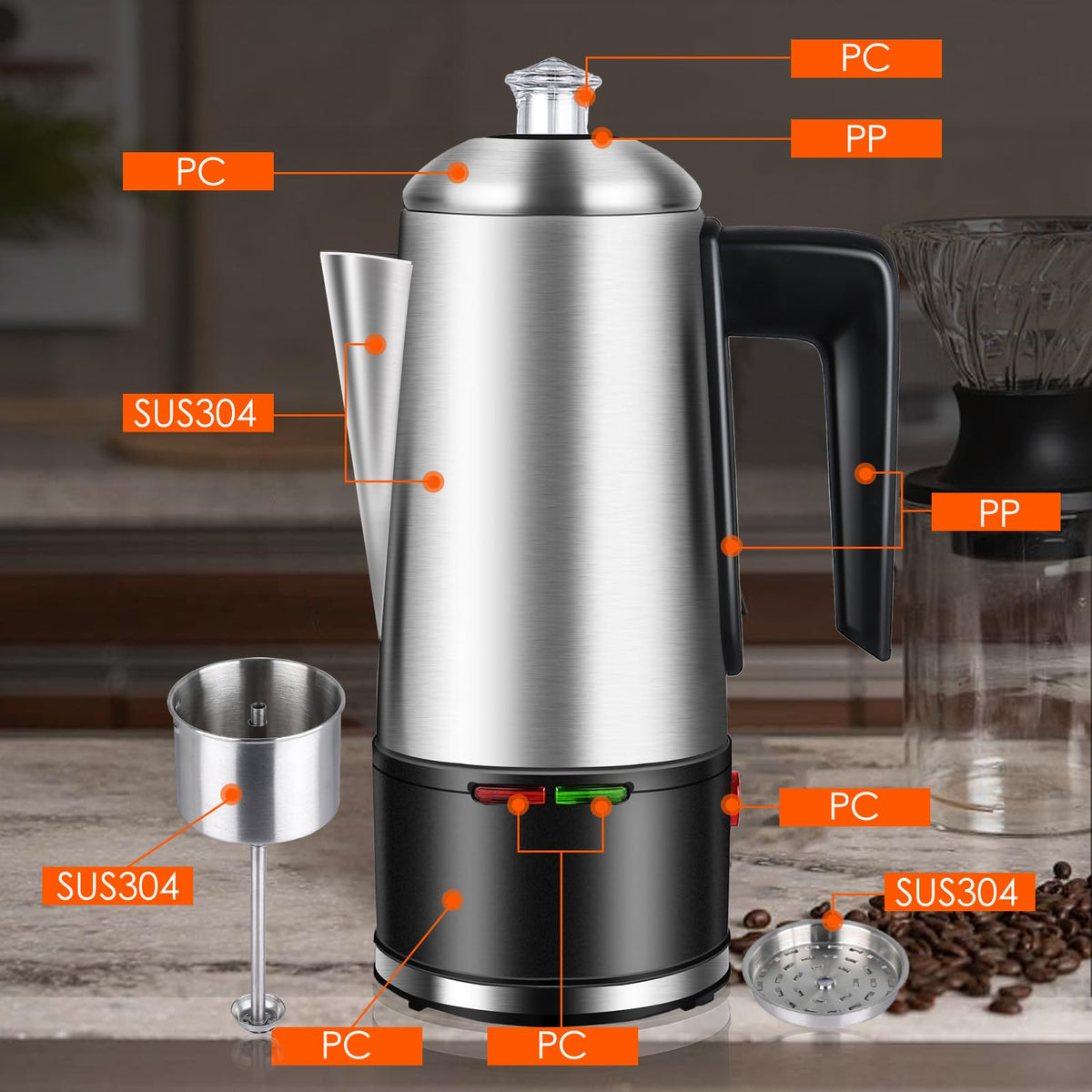 800W Stainless Steel Electric Coffee Percolator 12 Cups P17133