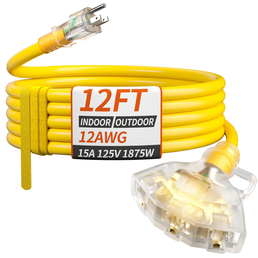 12 FT 12 Gauge Yellow Heavy Duty Outdoor Extension Cord Waterproof A384