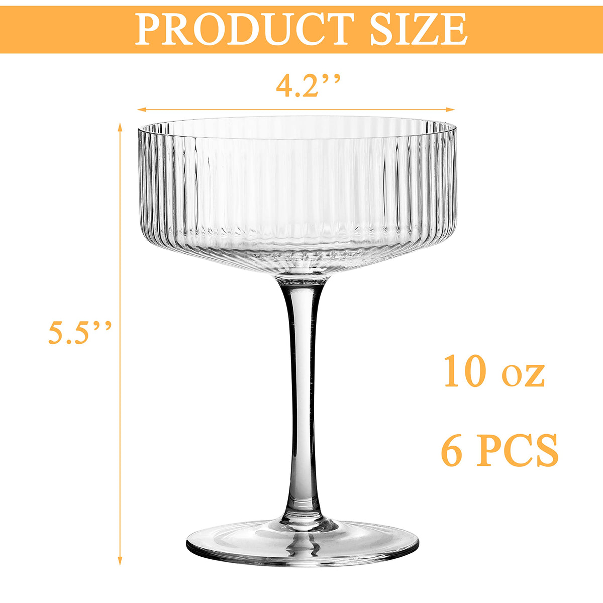 6 Pcs 10 oz Ribbed Coupe Cocktail Glasses Y165372