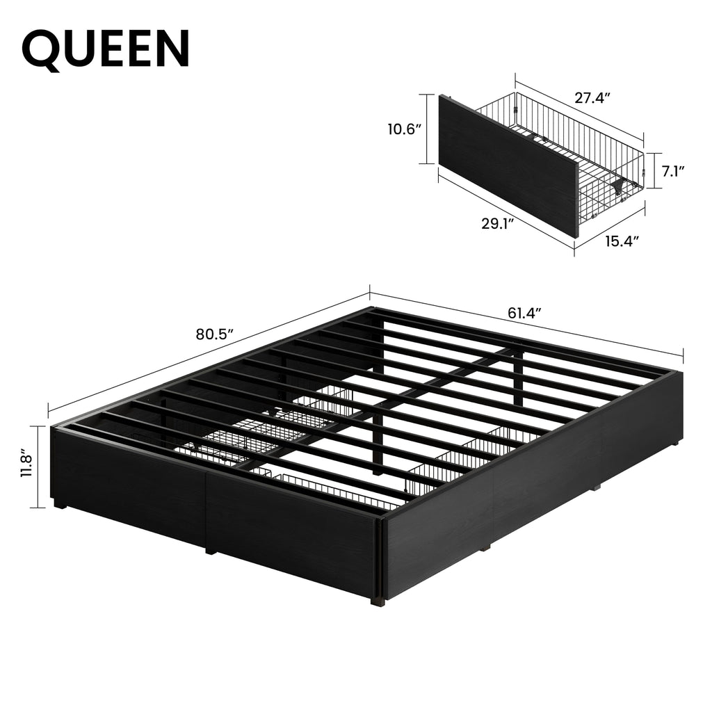 Queen Bed Frame with 4 Storage Drawers, Black F850