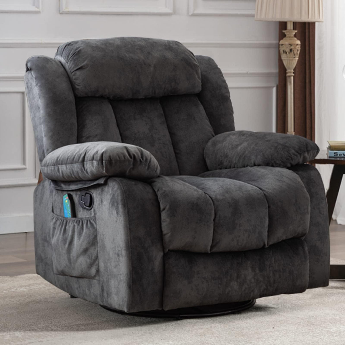 Grey Manual Swivel Rocker Recliner with Heat and Vibration J67647