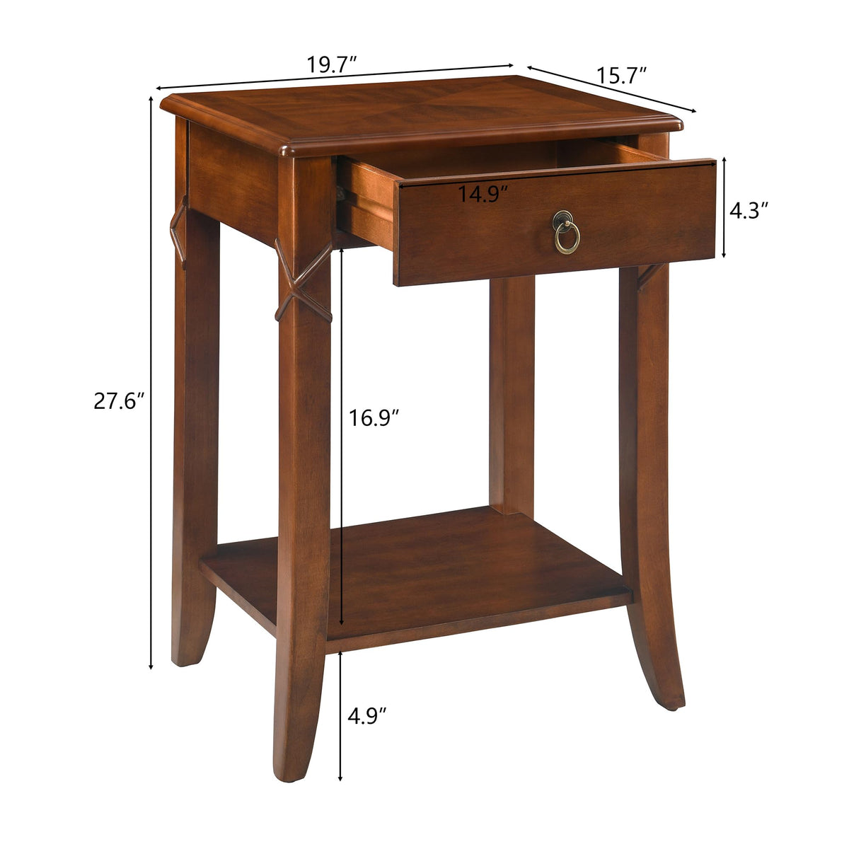 Small Solid Wood Side End Table with Drawer and Storage Shelf G8930