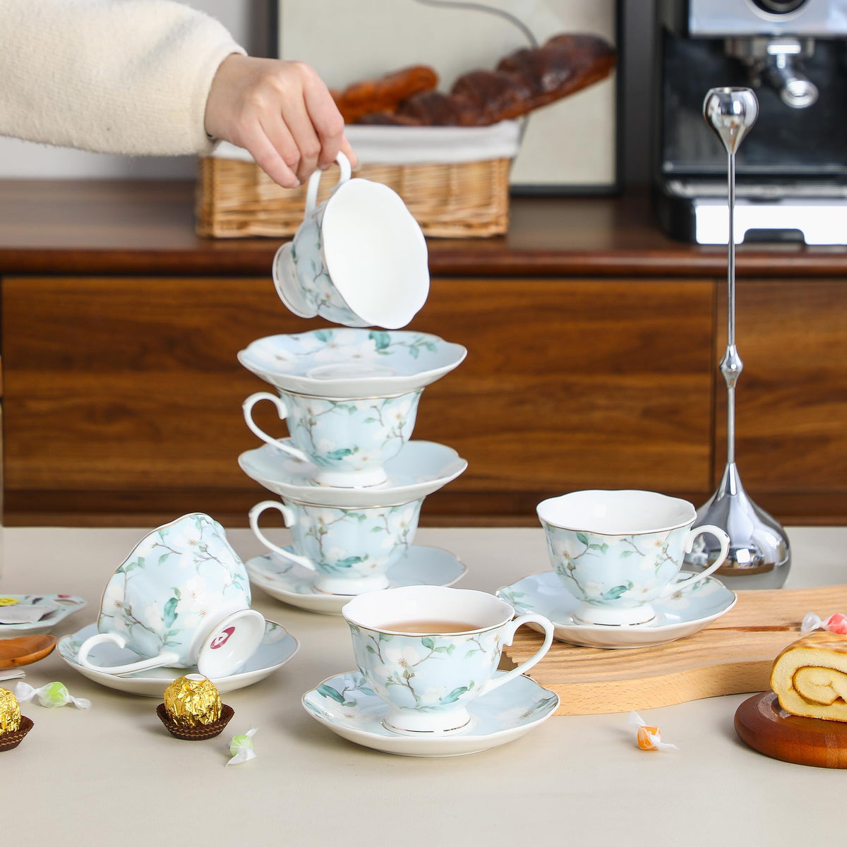 6oz Porcelain Tea Cup & Saucer Set of 6 J613
