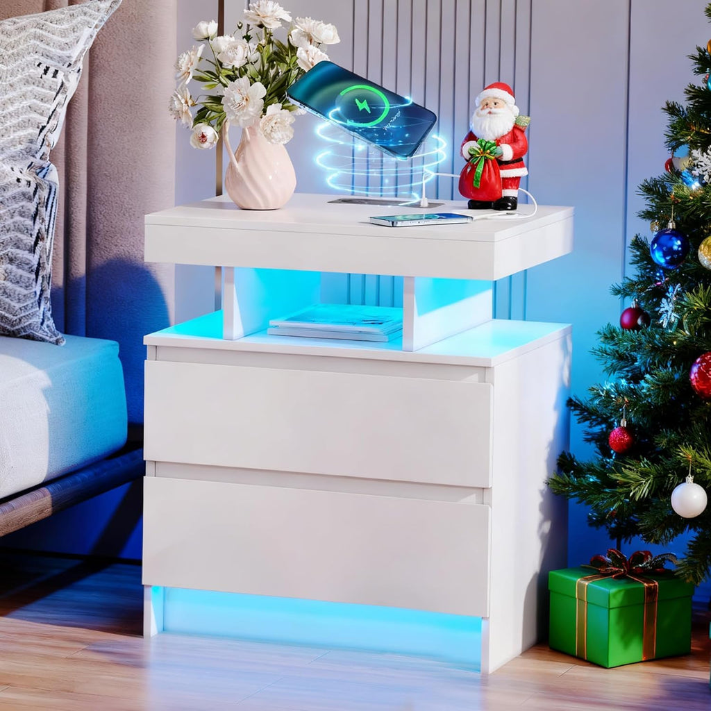 LED Nightstand with Charging Station White C4721