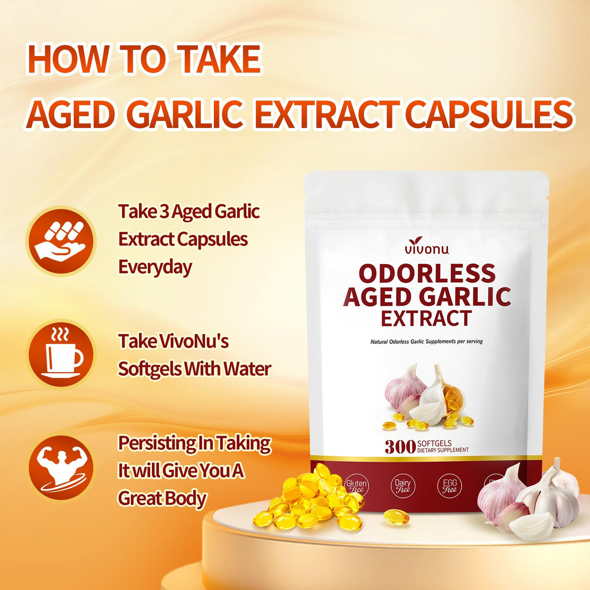Aged Garlic Extract Capsules, 300 Softgels, Odorless, Gluten Free D702576