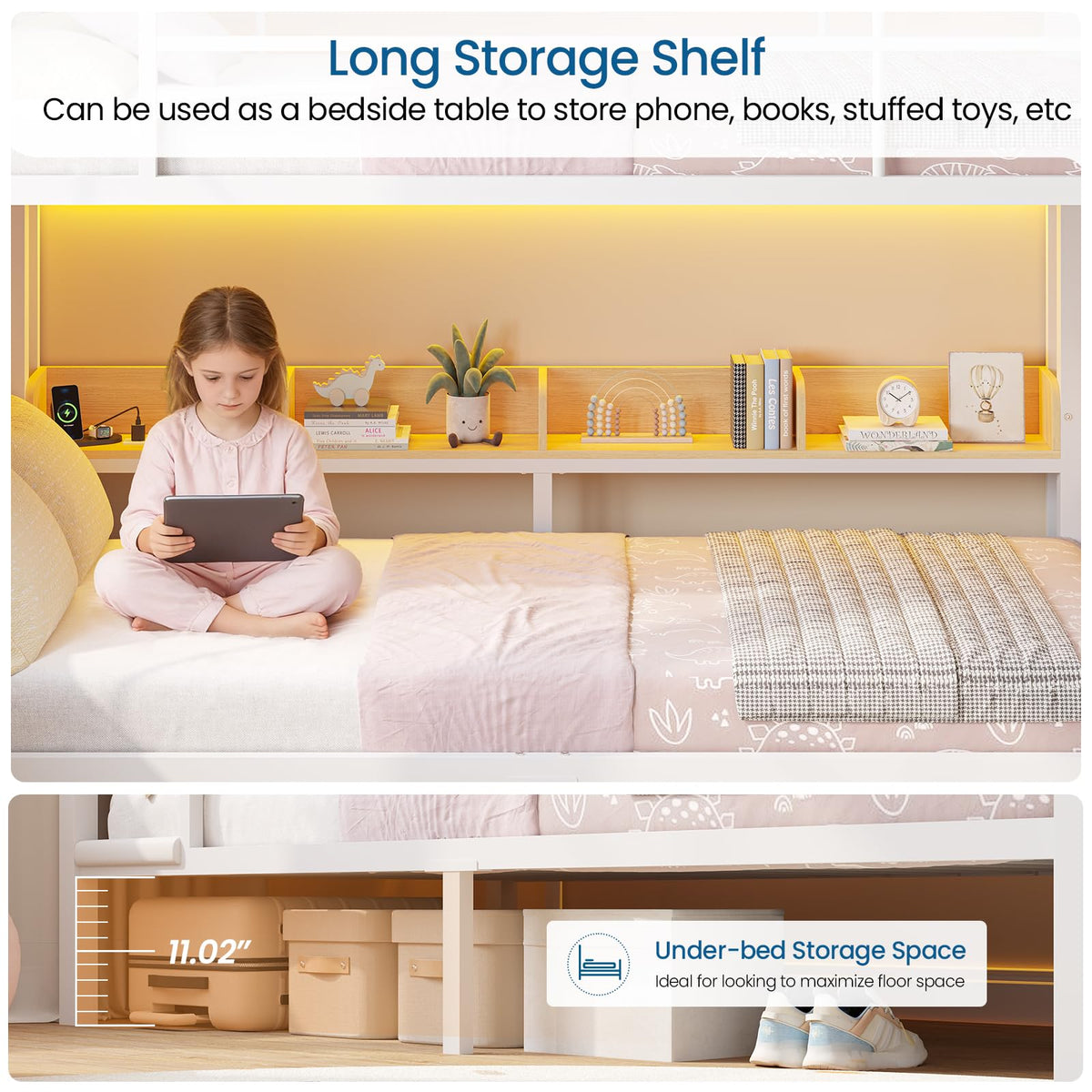 Twin Over Twin Bunk Bed with 6 Storage Drawers, Shelves, LED Lights and Ladder G766