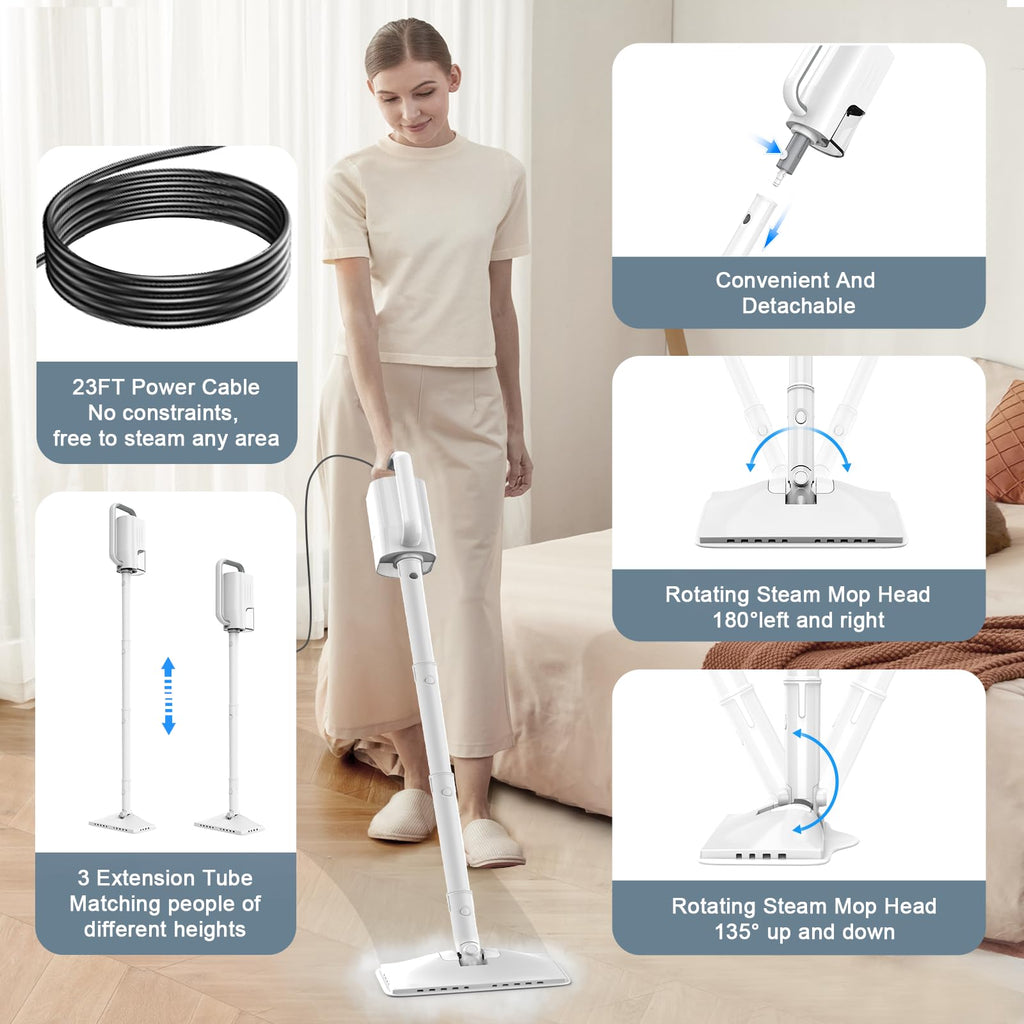 1200W Rotatable Steam Mop with 2 Modes, 400ML Tank, 23FT Cord P813