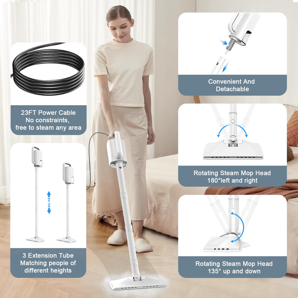 1200W Rotatable Steam Mop with 2 Modes, 400ML Tank, 23FT Cord P813