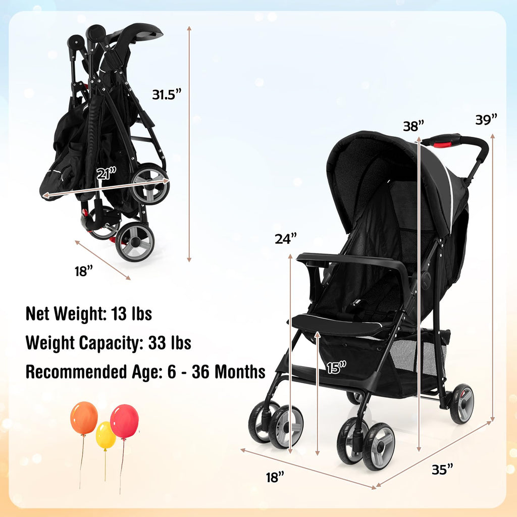 Lightweight Compact Toddler Travel Stroller with Canopy, 5-Point Harness, Storage Basket, One-Hand Fold, Black G913173