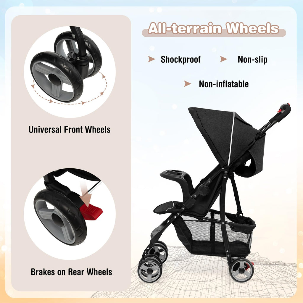Lightweight Compact Toddler Travel Stroller with Canopy, 5-Point Harness, Storage Basket, One-Hand Fold, Black G913173