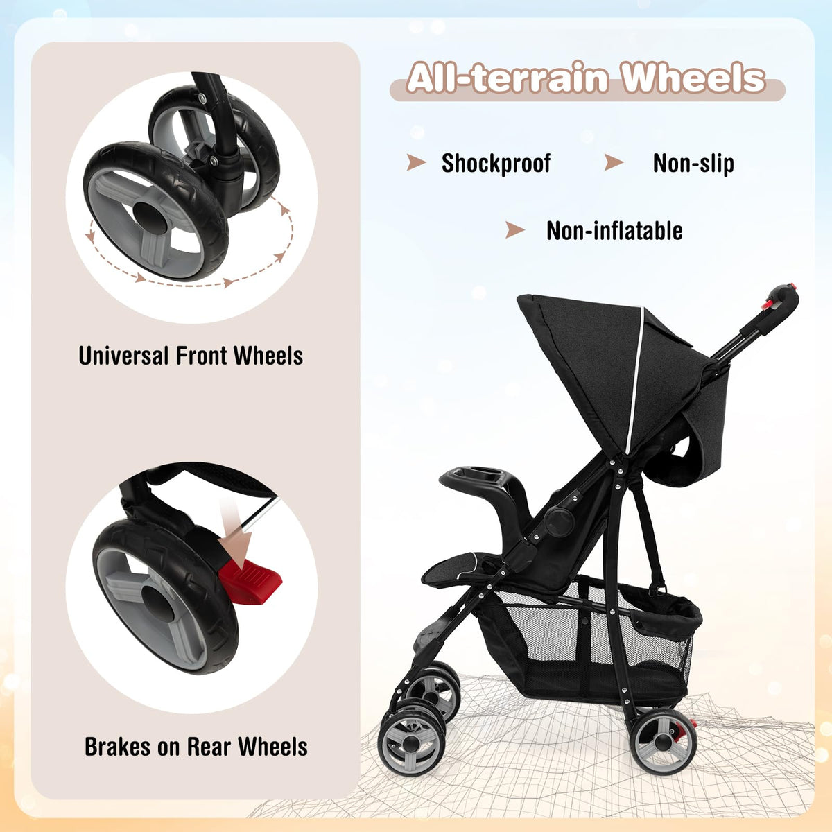 Lightweight Compact Toddler Travel Stroller with Canopy, 5-Point Harness, Storage Basket, One-Hand Fold, Black G913173