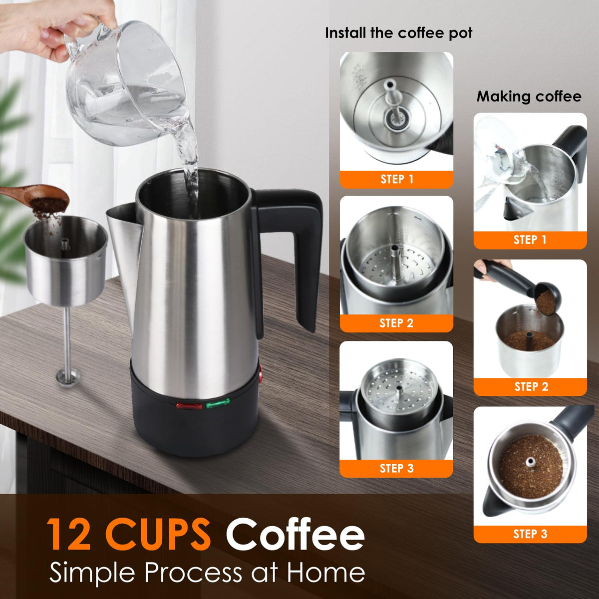 800W Stainless Steel Electric Coffee Percolator 12 Cups P17133