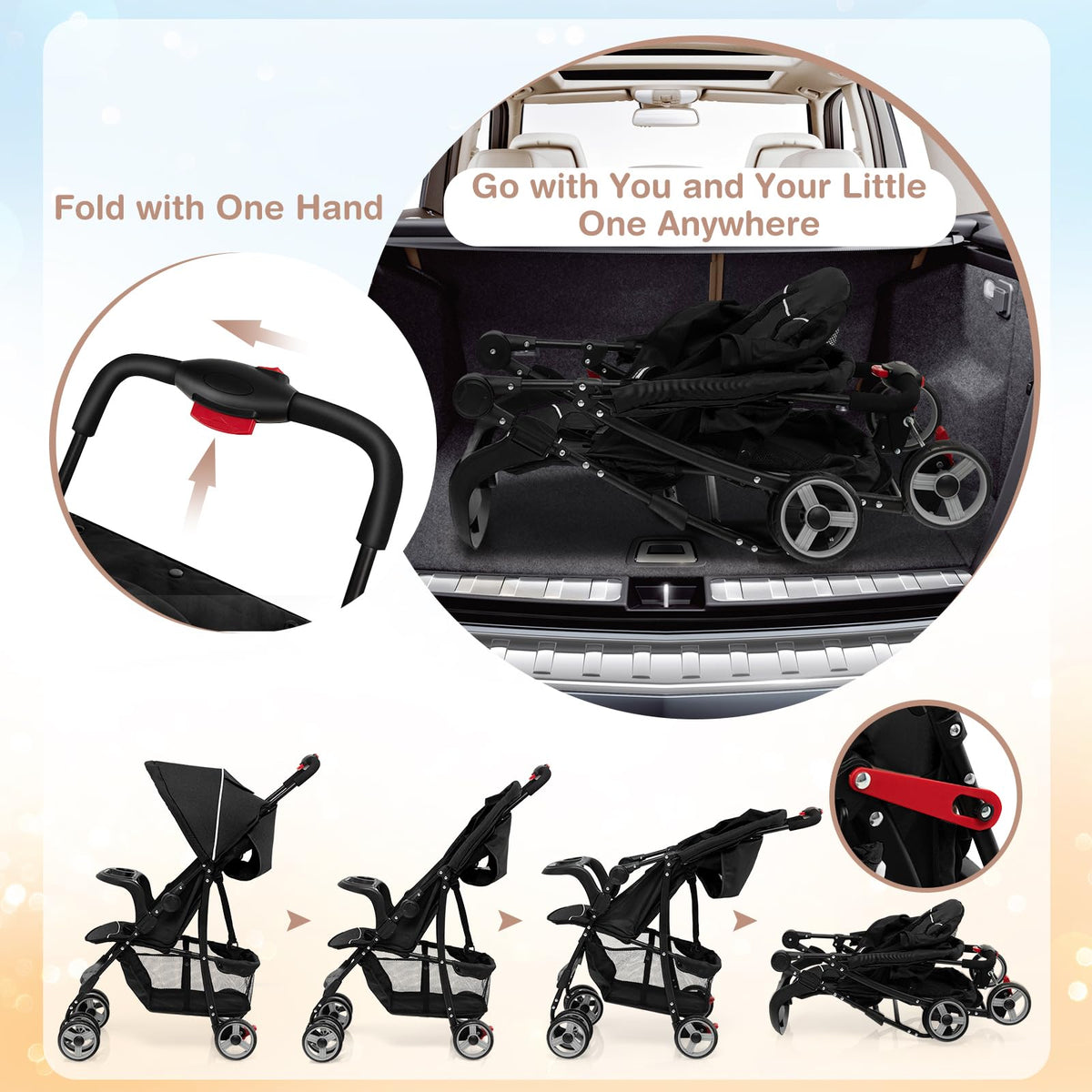 Lightweight Compact Toddler Travel Stroller with Canopy, 5-Point Harness, Storage Basket, One-Hand Fold, Black G913173