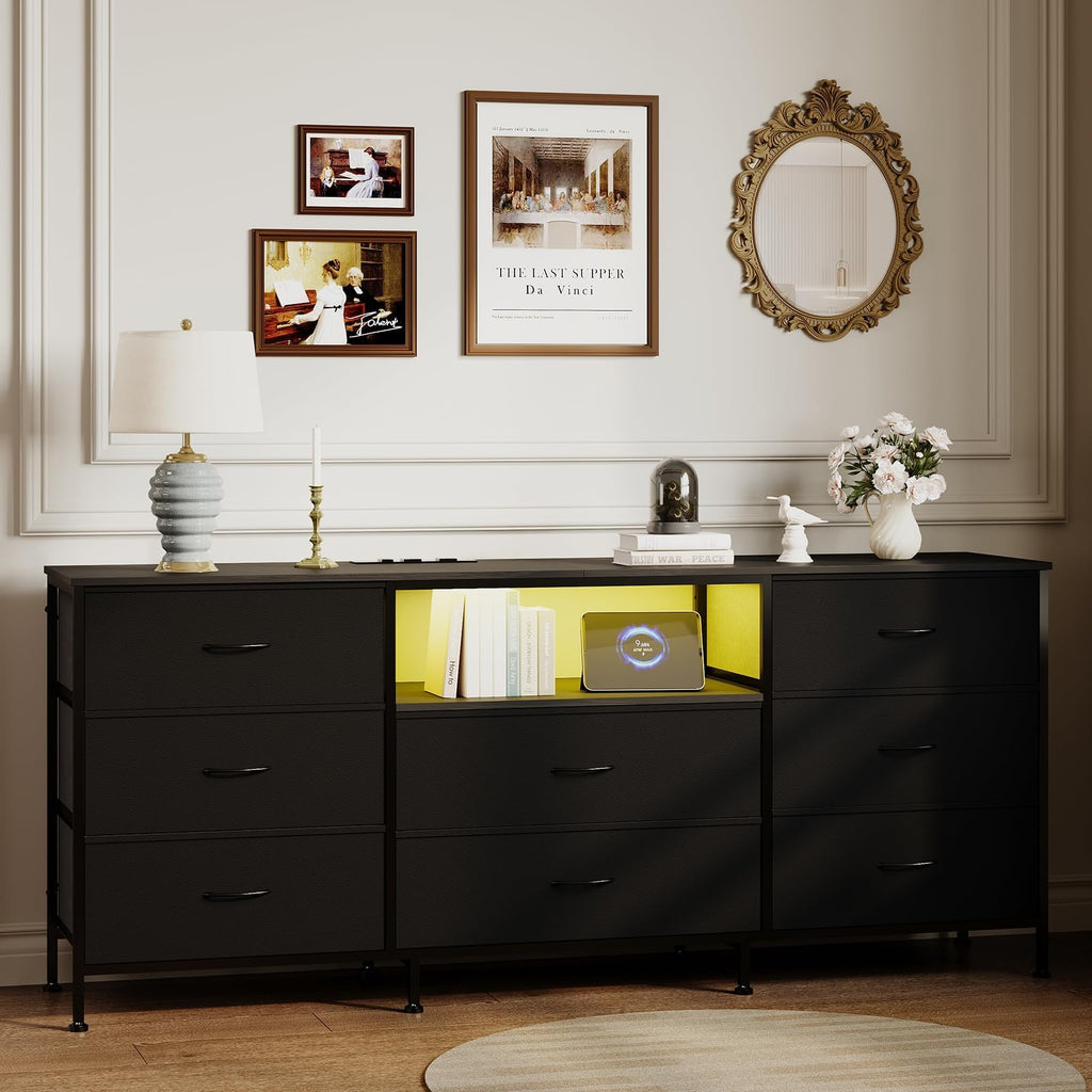 Black LED TV Stand Dresser with 8 Fabric Drawers U3317