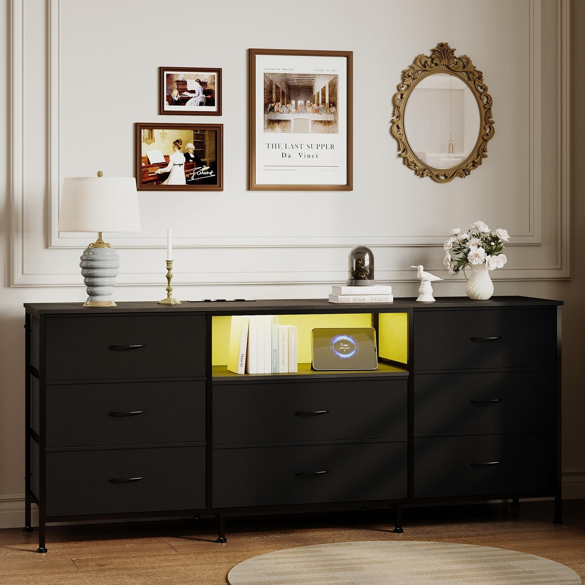 Black LED TV Stand Dresser with 8 Fabric Drawers U3317
