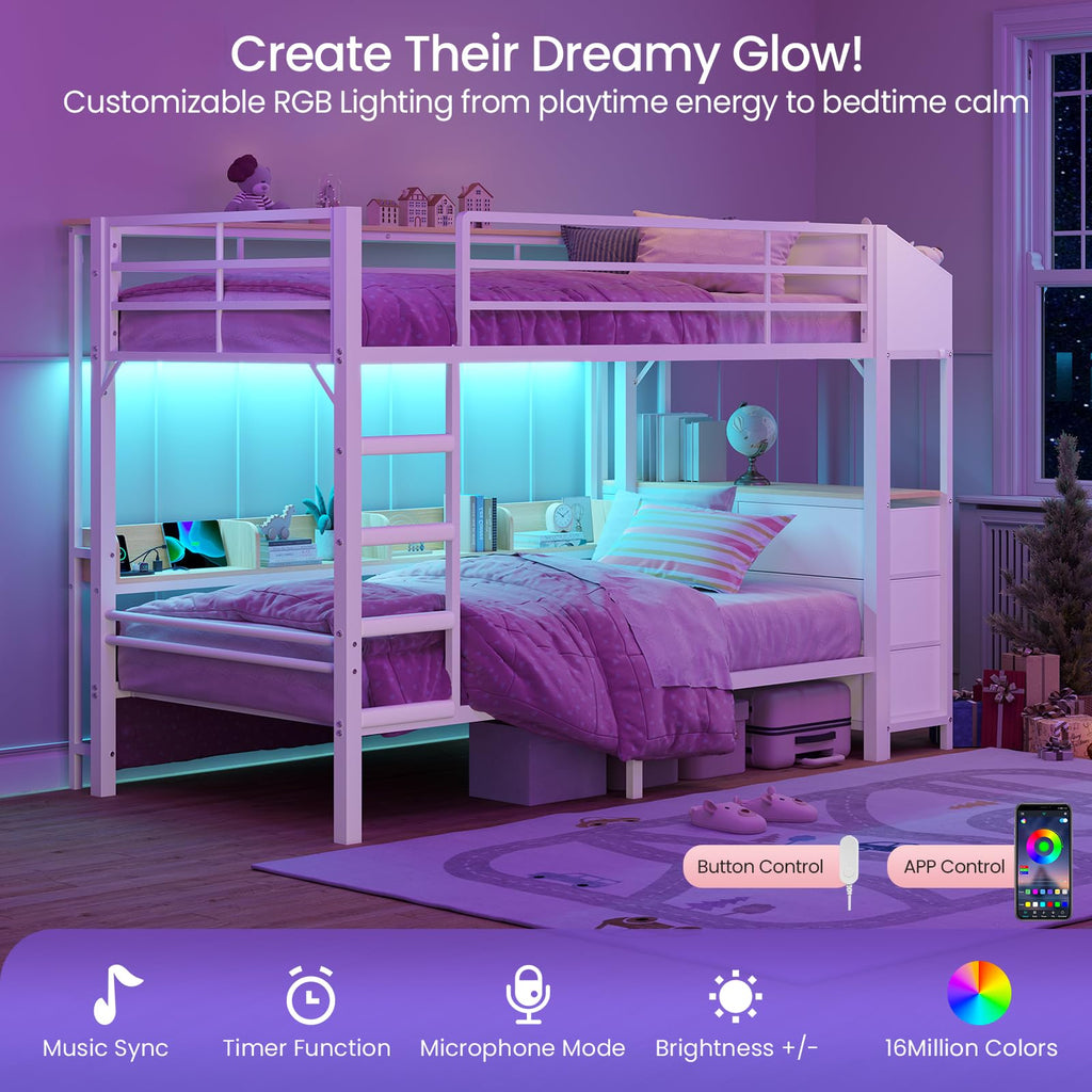 Twin Over Twin Bunk Bed with 6 Storage Drawers, Shelves, LED Lights and Ladder G766