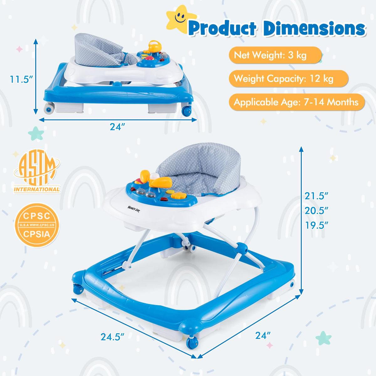 Blue 5 in 1 Foldable Baby Walker with Wheels F244