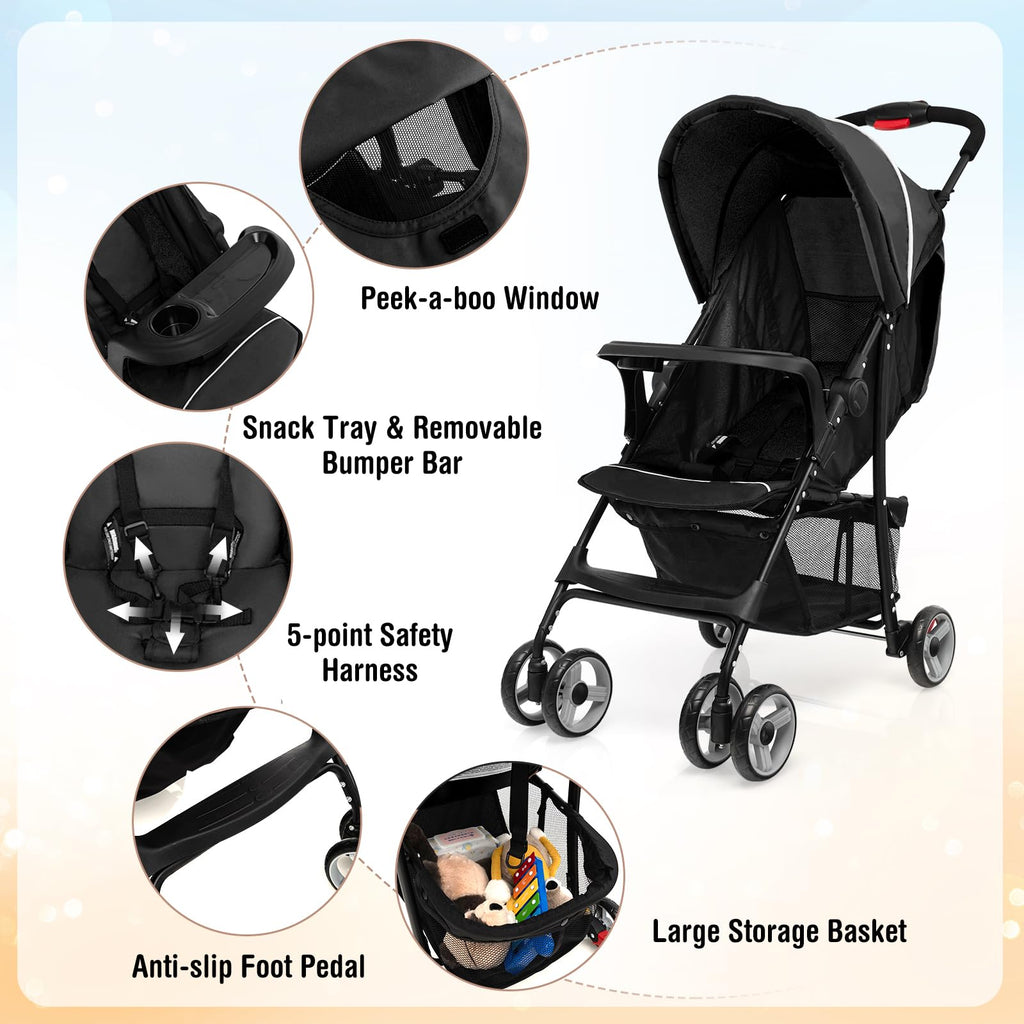 Lightweight Compact Toddler Travel Stroller with Canopy, 5-Point Harness, Storage Basket, One-Hand Fold, Black G913173