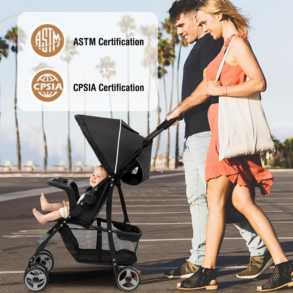 Lightweight Compact Toddler Travel Stroller with Canopy, 5-Point Harness, Storage Basket, One-Hand Fold, Black G913173