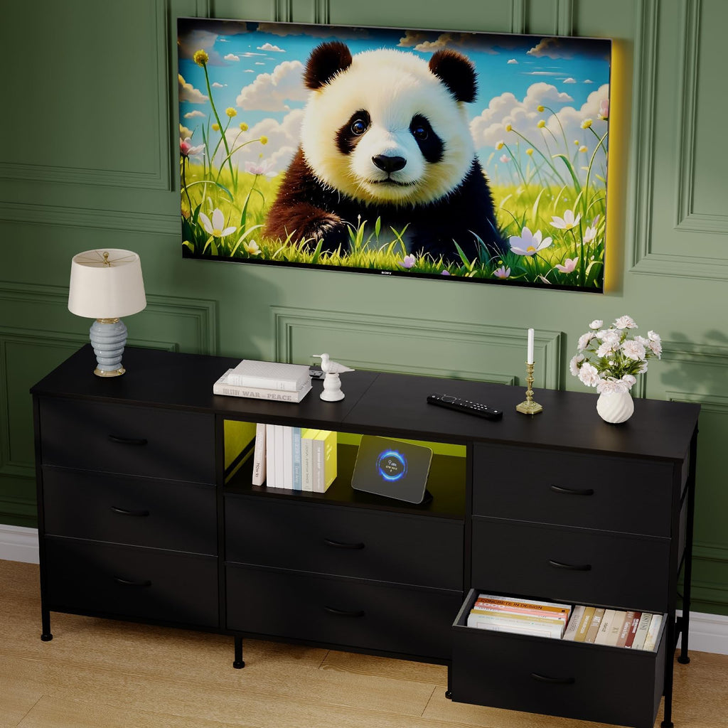 Black LED TV Stand Dresser with 8 Fabric Drawers U3317
