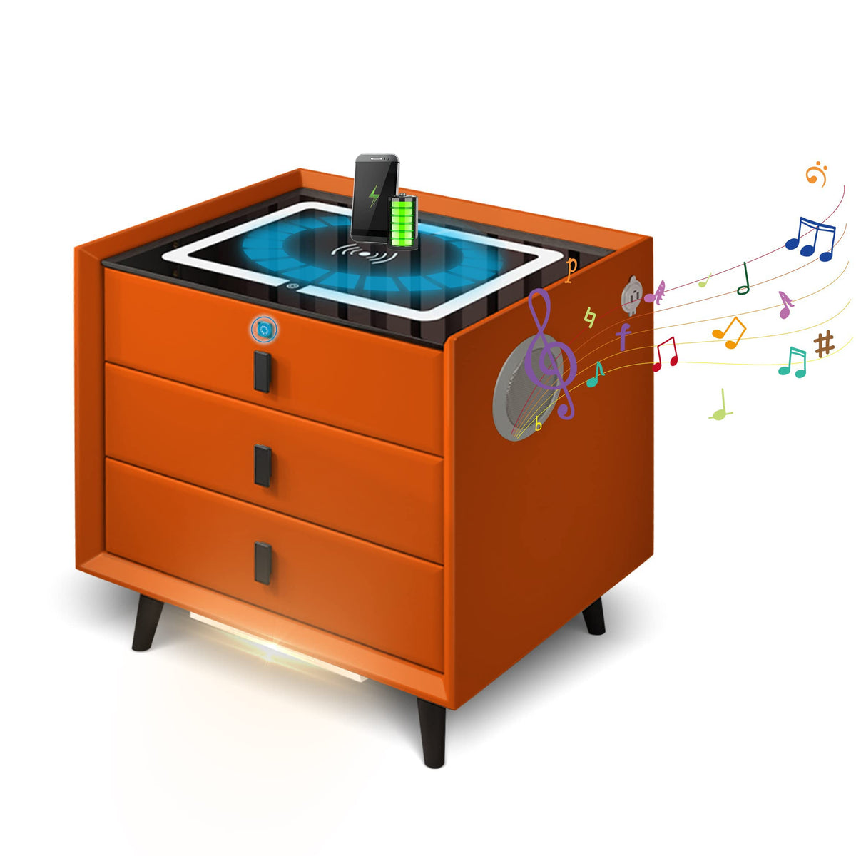 Orange 3 Drawer Nightstand with Wireless Charging Station and USB Charging F208