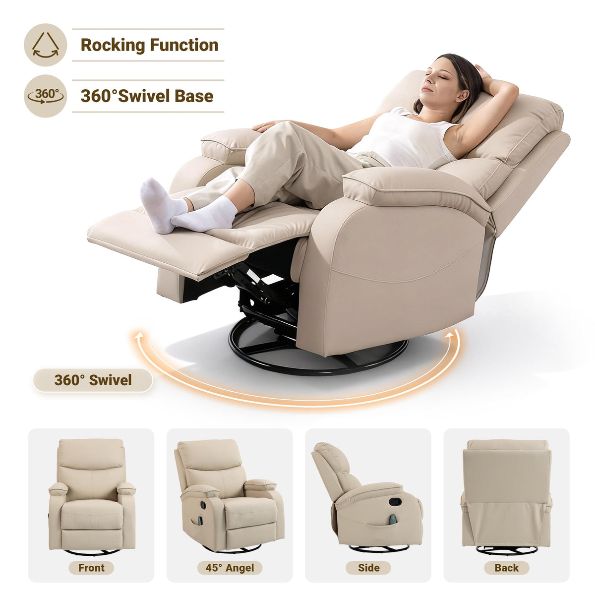 Beige Leather Swivel Rocking Recliner Chair Y425055
