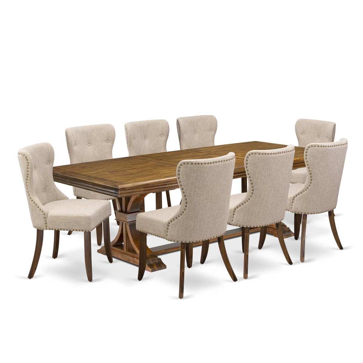 9-piece Dining Table Set with 8 Light Tan Linen Fabric Chairs I8225