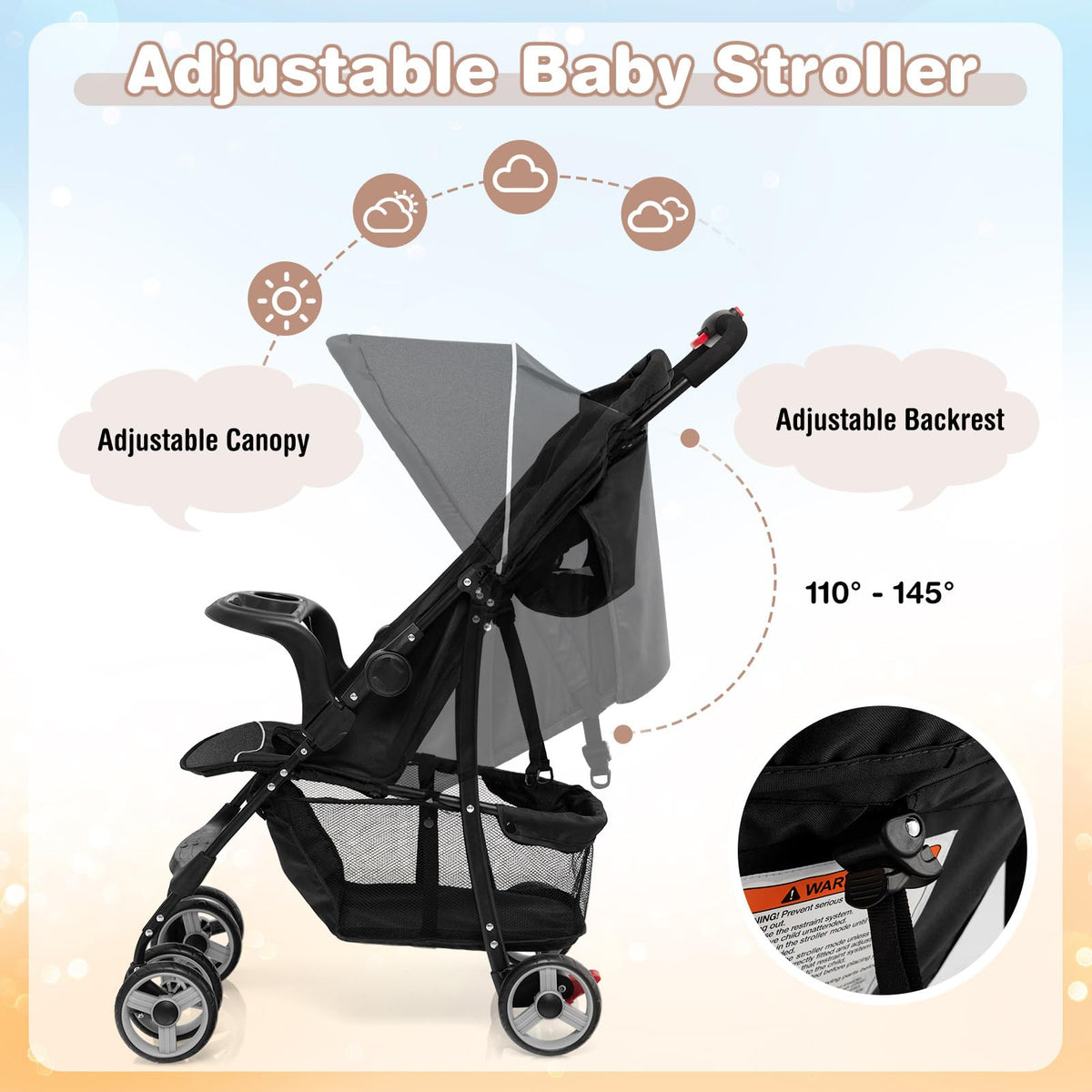 Lightweight Compact Toddler Travel Stroller with Canopy, 5-Point Harness, Storage Basket, One-Hand Fold, Black G913173