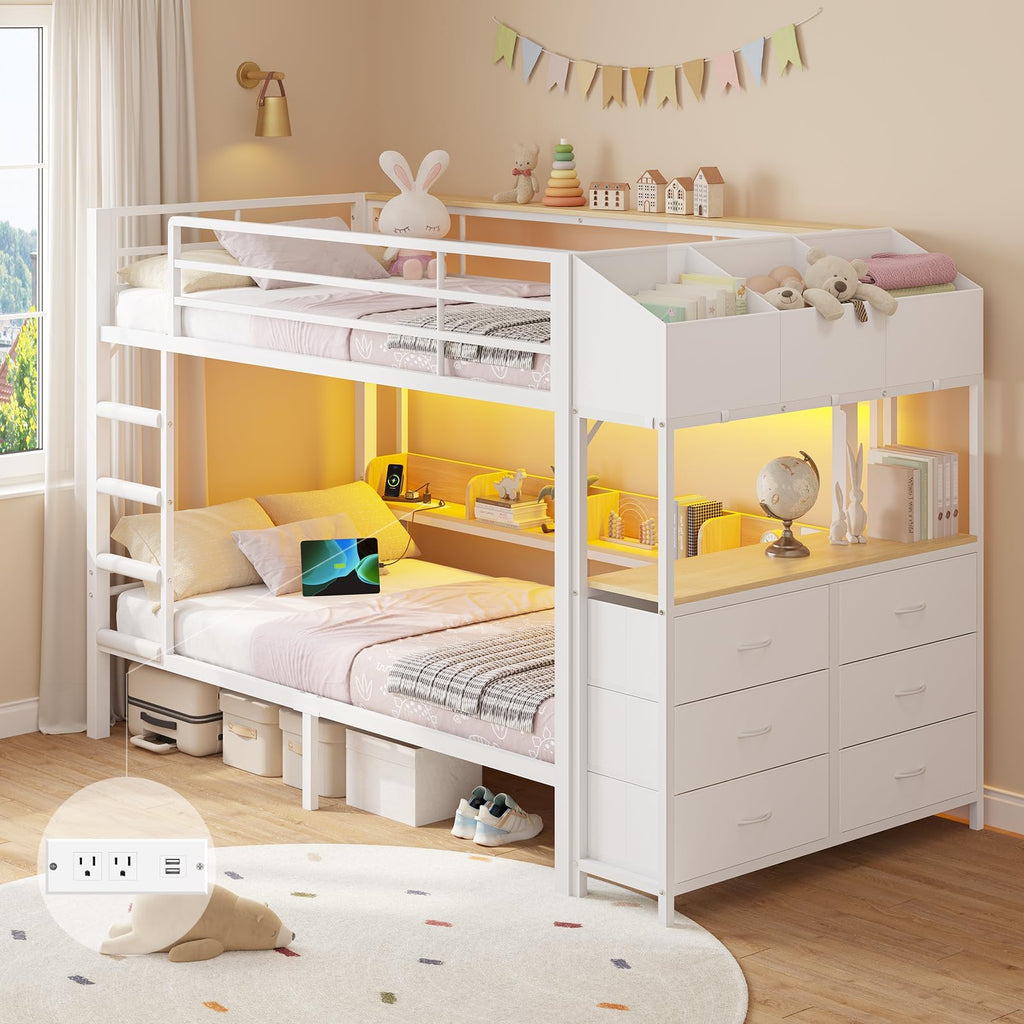 Twin Over Twin Bunk Bed with 6 Storage Drawers, Shelves, LED Lights and Ladder G766