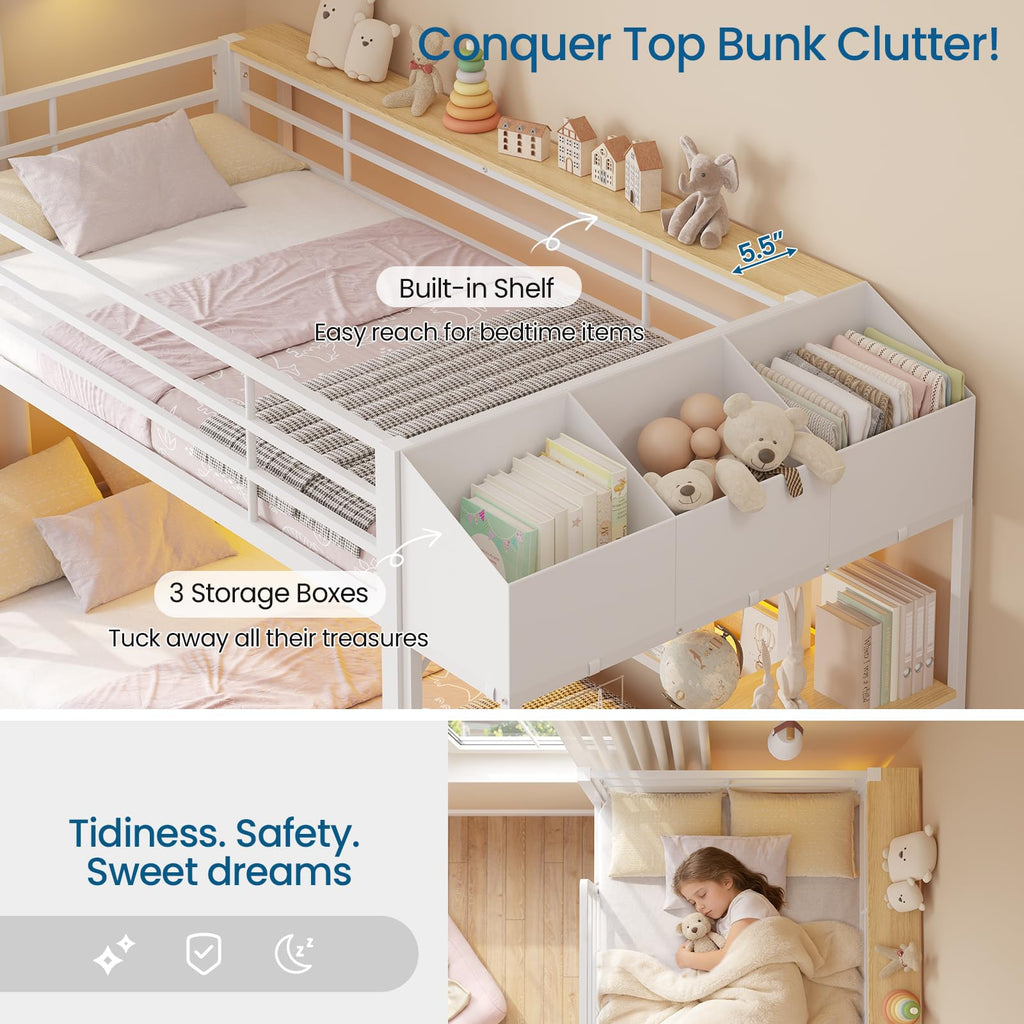 Twin Over Twin Bunk Bed with 6 Storage Drawers, Shelves, LED Lights and Ladder G766
